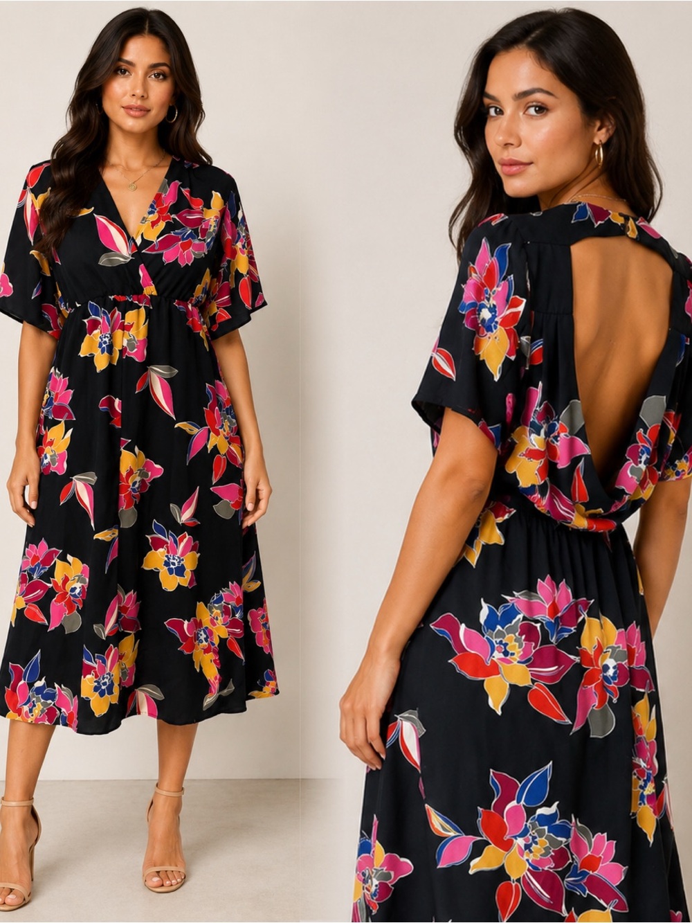 Trixxi Black Floral V-Neck Open-Back Midi Dress with Pink & Yellow Blooms